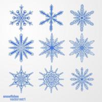 set 9 blå olika snöflingor vektor