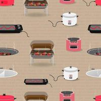 sömlösa mönster uppsättning köksutrustning med panna panna tank brödrost träkol riskokare. vektor illustration eps10