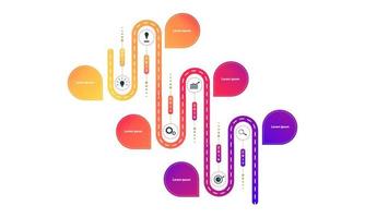 vertikal fasad väg färdplan tidslinje element med markpoint graf tänk sök kugghjul mål ikoner. vektor illustration eps10