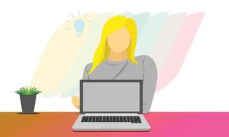 kvinna sitter bakom bärbar dator för presentation affärskoncept eller visa produkt. förklara lösningen för att lösa problemet. vektor illustration eps10