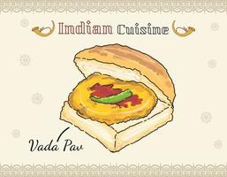 vada pav vegetarisches sandwich fast food gericht gebratene kartoffelknödel im brötchen indisches isoliertes gericht farbiges vektorgekritzel vektor