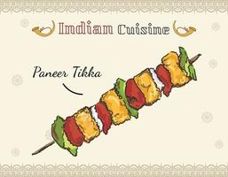 tandoori paneer tikka illustration. populär indisk gatumat eller förrätt. rostade kesokuber. vektor