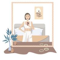 süße brünette frau in toller stimmung mit kurzen haaren und pyjamas schaut in den spiegel und macht selfie auf ihrem telefon. Der Charakter ist im Schlafzimmer. Vektor-Illustration vektor