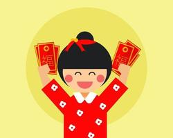 frohes chinesisches neujahrskonzept. Mädchen hält chinesische glückliche rote Taschen. vektor
