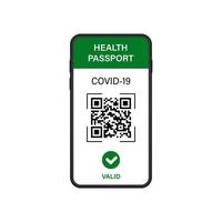 gültiger Gesundheitspass im Smartphone. geprüftes grünes zertifikatpiktogramm. gesundheitspass mit qr-code auf dem handy. kontrolldokument der covid 19 pandemie. isolierte Vektorillustration. vektor