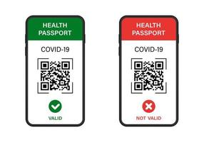 gültiger, nicht gültiger Gesundheitspass im Smartphone. geprüftes grünes zertifikatpiktogramm. kontrolldokument der covid 19 pandemie. gesundheitspass mit qr-code auf dem handy. isolierte Vektorillustration. vektor