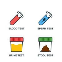 stuhl, urin, sperma, bluttestset flache symbol. medizinische untersuchung von blut, fäkalien, sperma, urin-symbol. Probe für Laborforschungspiktogramm. isolierte Vektorillustration. vektor