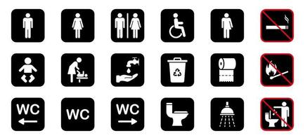 uppsättning wc tecken. toalett rum siluett ikon. toalett, badrumspiktogram. mamma och bebis rum. offentligt tvättrum för funktionshindrade, män, kvinnor, transpersoner. ingen rökning ikon. vektor illustration.