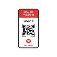 kein gültiger Gesundheitspass im Smartphone. geprüftes rotes Zertifikatspiktogramm. kontrolldokument der covid 19 pandemie. gesundheitspass mit qr-code auf dem handy. isolierte Vektorillustration. vektor