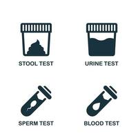 avföring, urin, spermier, blodprovsuppsättning siluettikonen. prov för laboratorieforskning piktogram. medicinsk undersökning av blod, avföring, sperma, urin glyfikon. isolerade vektor illustration.