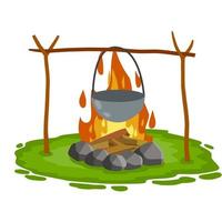 Kochen auf Feuer in Topf und Lagerfeuer