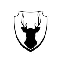 hjorthuvud på sköld. riddarvapen med hjort. svart siluett av behornade djur. heraldisk symbol vektor