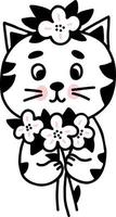 söt katt med blommor. vektor illustration. katt karaktär handritad linjär doodle för design och inredning