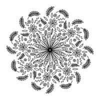 blommig vektor mandala med blommor och blad i doodle stil isolerad på vit bakgrund. rolig färg och söt illustration för säsongsdesign, textil, dekoration för barnens lekrum eller gratulationskort