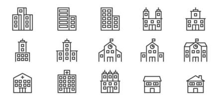 Gebäude Icon Set Line Vektor, Schule, Universität, Büro, Stadt, Immobilien vektor