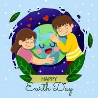 Zwei Kinder umarmen den Globus am Tag der Erde vektor