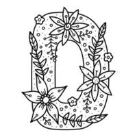 blommigt alfabet. färglös doodle bokstaven d. målarbok för vuxna och barn. vektor