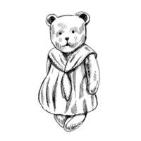 eine handgezeichnete Tintenskizze eines alten Teddybärmädchens. Umriss auf weißem Hintergrund, Vintage-Vektorillustration. vintage skizzenelement für etiketten, verpackungen und kartendesign.
