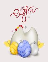 ostern realistische illustration mit eiern und huhn. ein festliches stilvolles Plakat, ein Webbanner, eine modische Postkarte. Vektor-Illustration vektor
