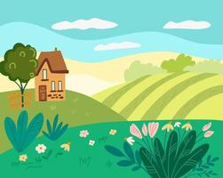 Frühlingslandschaft. schöne ländliche Landschaft mit einem Haus, Feldern und Blumen. Hintergrund für Banner, Grußkarten, Poster und Werbung. Vektor-Cartoon-Illustration. vektor
