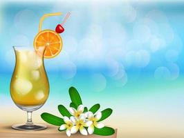 Haben Sie einen schönen Sommerurlaub am Strand mit Getränken und Blumen vektor