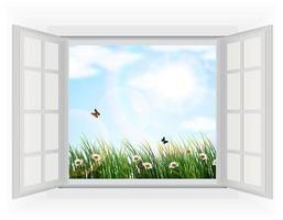 öffnet Fenster im Zimmer mit Blick auf Blumen, Schmetterlinge, Regenbogen und frisches Sonnenlicht am Morgen. Vektor