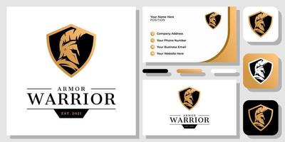 Spartaner Schild Krieger Rüstung Goldschutz griechischer Helm Logo-Design mit Visitenkartenvorlage vektor