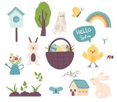 påsk våren set. söta djur, fjärilar. handritad platt tecknad element. vektor illustration naturfestival. träd, kyckling, växter, hare, pschal ägg, nyckelpiga, fågelholk, katt, grodd, hus