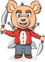 tecknad glad nallebjörn som håller 2 knivar och 2 svärd vektor