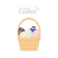 weidenkorb mit bunten ostereiern und frohe ostern beschriftung. niedliche illustration für grußkarten, textilien, druck. Pastellfarben. Platz kopieren vektor