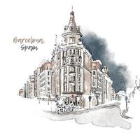 Barcelona, Spanien. hand gezeichnete städtische skizze mit aquarellspritzer-vektorillustration. Straßenansicht der Stadt Barcelona. Katalonien, Spanien. vektor