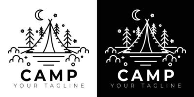 enkel svartvit campinglogotyp, campinglogotypdesign med symbollinjer i form av skog, tält, landskap, himmel vektor