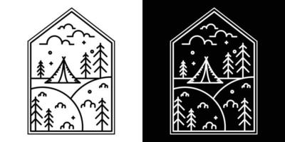 einfaches schwarz-weißes Camping-Logo, Camping-Logo-Design mit Symbollinien in Form von Wald, Zelt, Landschaft, Himmel vektor