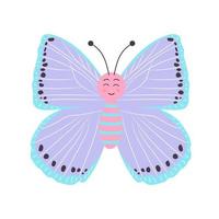 söt färgglad leende fjäril. flygande insekt. tecknad figur. vektor