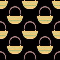 sömlöst mönster med gul oval strandväska med grön geometrisk på svart bakgrund. ljust sommarmönster för textilier. för strandkläder. vektorillustration vektor