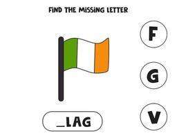 Finden Sie den fehlenden Buchstaben mit der irischen Flagge. Arbeitsblatt Rechtschreibung. vektor