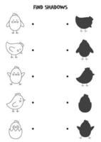 Finden Sie die richtigen Schatten von schwarzen und weißen Osterhühnern. logisches Puzzle für Kinder. vektor