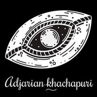 Adjarian Khachapuri-Vektorsymbol. handgezeichnete frische backwaren auf schwarzem hintergrund. Brötchen mit Eigelb und Käse. Lebensmittelskizze. Strichzeichnungen der kaukasischen Küche. einfarbig. Umrisskuchen mit Text vektor