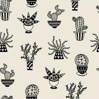 söta kaktusar sömlösa vektormönster. svarta doodles av suckulenter i krukor. växter med taggar. handritade kontur av suckulenter. botanisk skiss. vintage illustration, enkel tecknad doodle. vektor
