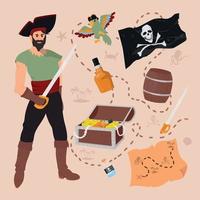 uppsättning piratföremål, skattkista, flagga, papegoja, karta, fat, svärd, gift, rom. vektor