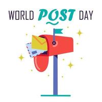 söt vektorillustration för att fira World Post Day. brev, kuvert, vykort inuti en röd postlåda. handritad illustration i platt stil. text med gratulationer från postarbetare. vektor