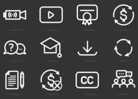 online utbildning linjära ikoner. applikation för lärandeverktyg för elev. inkluderar stream, nedladdning, projekt, filer, support, community, certifikat, tillgänglighet, uppdatering, prenumerationssymbol. vektor
