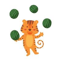 Tigerjunges jongliert mit Wassermelonen. niedlicher Cartoon-Tiger, Vektorillustration isoliert auf weißem Hintergrund. vektor