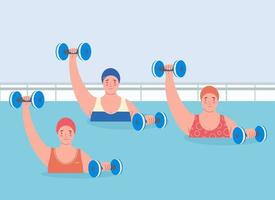 Gruppe von Frauen, die Wassergymnastikübungen mit Schaumhantel im Pool eines Sportzentrums durchführen. gewichtsverlust training. konzept des sportes zur gewichtsabnahme. vektor