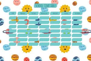 skolschema för barn med rymdplaneter i tecknad barnslig stil. färgglad vektorillustration för stationära, schema, lista, skolschema, fritidsaktiviteter vektor