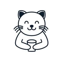 katt eller kattunge eller kattunge eller husdjur håller glasdrink söt tecknad logotyp vektor illustration design
