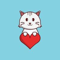 söt katt som håller hjärtat tecknad illustration, djurbebis, kattunge, platt stil vektor lämplig för webben, banderoll, kort, hälsning, barn, bok, affisch