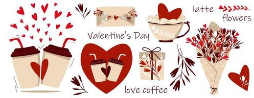 kaffeeset valentinstag. Kaffee im Mehrwegglas, Latte in der Tasse. geschenk und gratulation, blumenstrauß, umschlag. Musterblumen und Herz. Vektor isoliert.