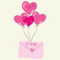 rosa kuvert för en älskad, med hjärtformade ballonger. vektor