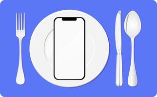 Vektor des Mobiltelefons auf der gehobenen Gastronomie für Nomophobie und Online-Lieferkonzept für Lebensmittel